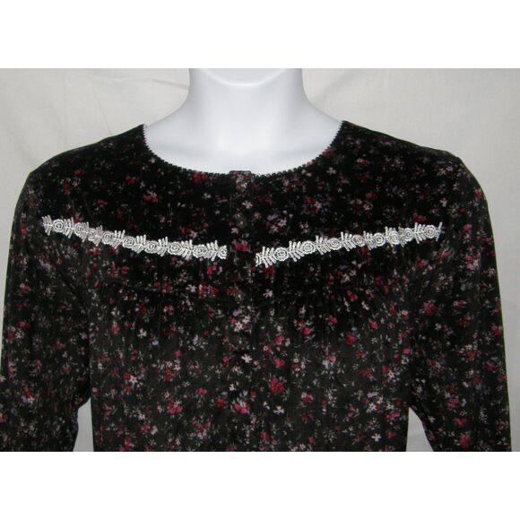 Black Floral Plus Sz 3X (22W/24W) Soft Velour Lounge Night Gown Side Pockets - Picture 2 of 4